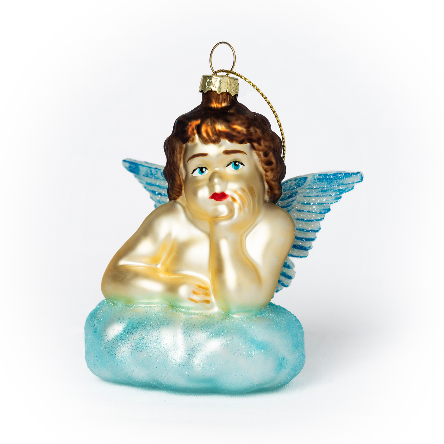 Håndmalt julekule i glass, glansbilde-engel med vinger