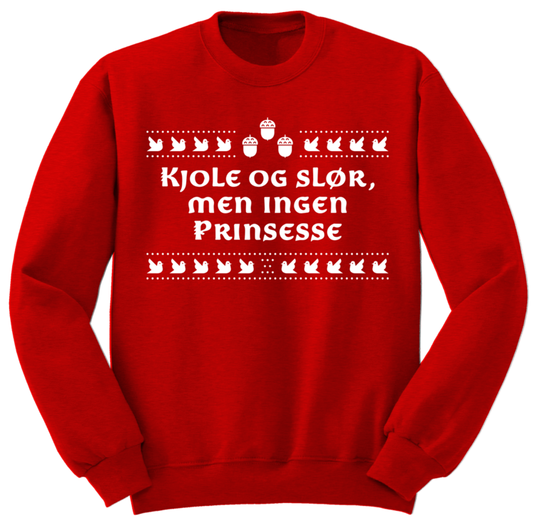 Julegenser fra Higren. Myk og god collegegenser i 65% bomull, 35% polyester. Rød genser med hvitt trykk: "Kjole og slør, men ingen prinsesse". Sitat fra "Tre nøtter til Askepott". Over og under teksten er det et mønster med hvite duer og erter, samt tre nøtter i midten øverst. Fonten er den samme som brukes i filmen "Tre nøtter til Askepott".