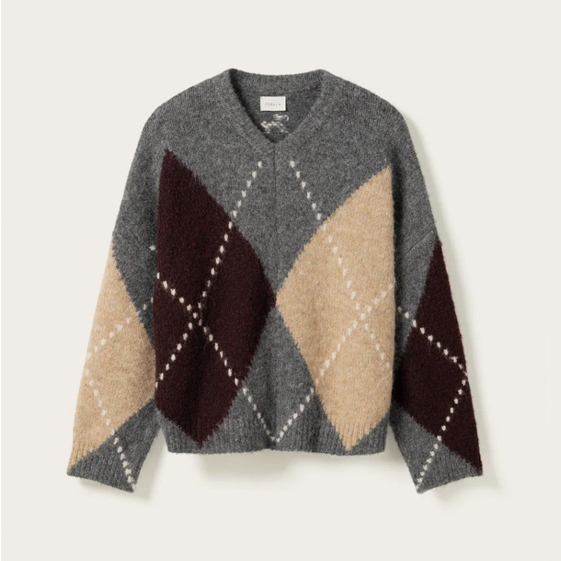 Genser Strikk Lai Grey Melange - By Noella med argyle-mønster, V-hals og løs passform i mykt strikket materiale