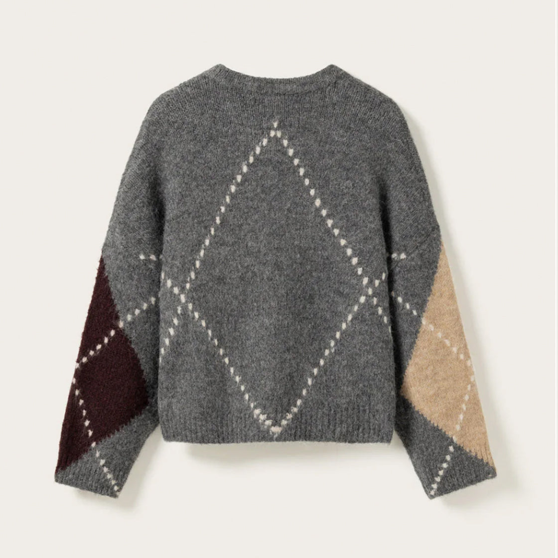 Genser Strikk Lai Grey Melange - By Noella med argyle-mønster, lange ermer og løs, komfortabel passform bakfra