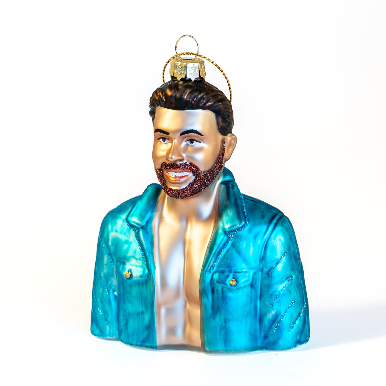 Jan Thomas julekule fra HEIM Studio – håndmalt glassfigur med glitrende skjegg, åpen skjorte og blå denimjakke.