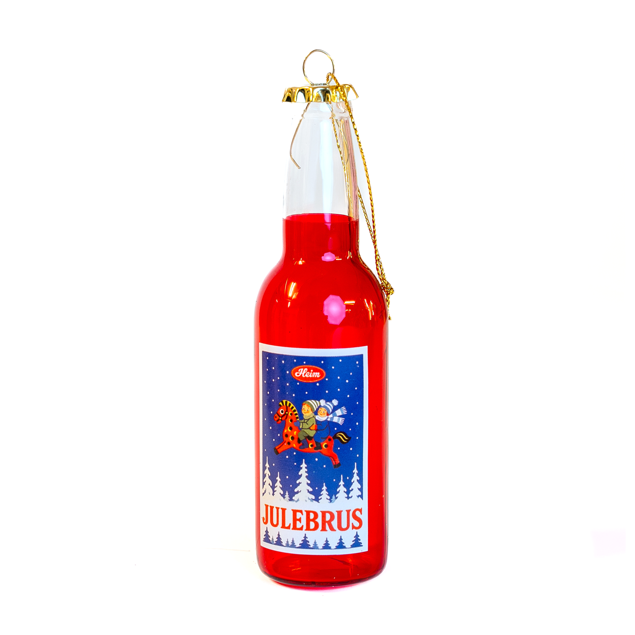 Julebrus rød julekule fra HEIM Studio – håndmalt glassflaske med gullkork og retro etikett i klassisk rød design.