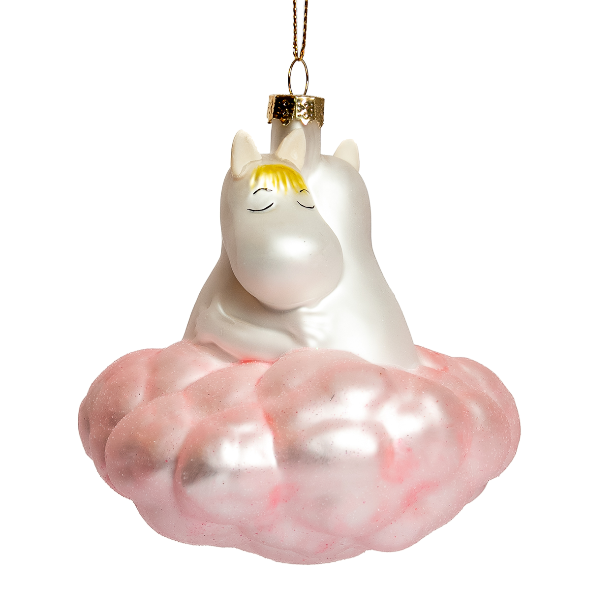 Mummitrollet og Snorkfrøken julekule fra HEIM x Moomin – håndmalt glassornament på rosa sky, romantisk og nostalgisk julepynt.