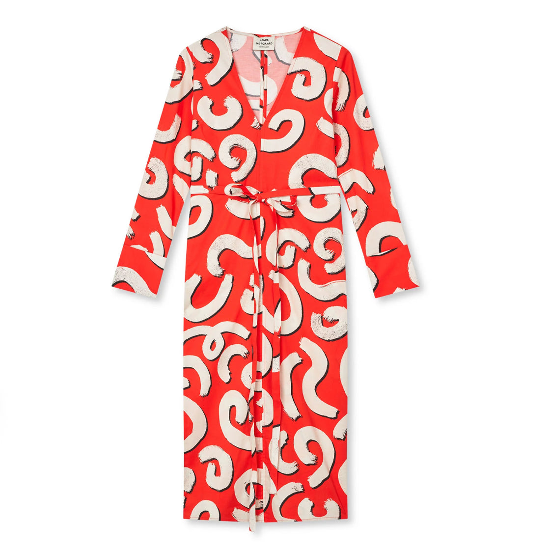 Colleen Oda Dress AOP - By Mads Nørgaard midikjole med V-hals, lange ermer og knyting i midjen i fargerikt mønster