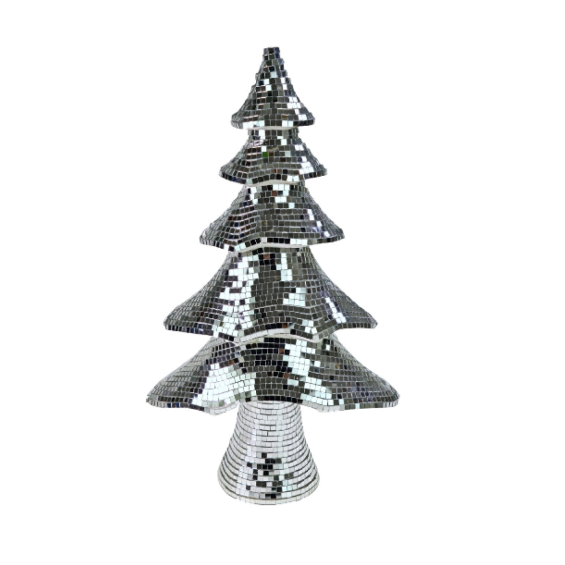Tre Mosaikk Disco - By Werner Voss, juletre i glassmosaikk som reflekterer lys med moderne design på hvit bakgrunn