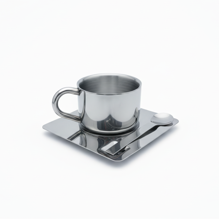 Kaffekopp i stål - by Heim design i rustfritt stål med firkantet fat og skje i minimalistisk utførelse på hvit bakgrunn