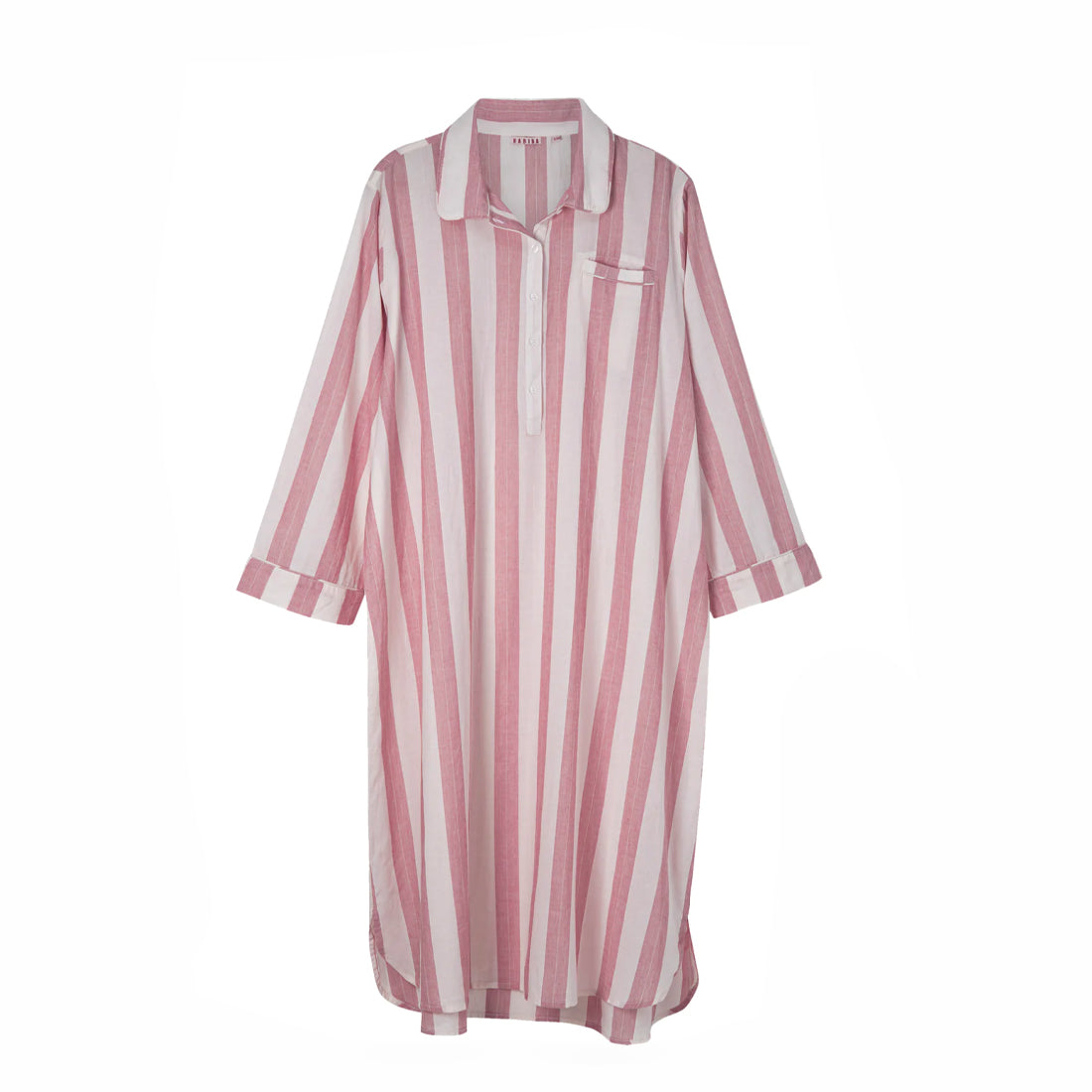Lang skjorte med hvite og lys rosa striper.