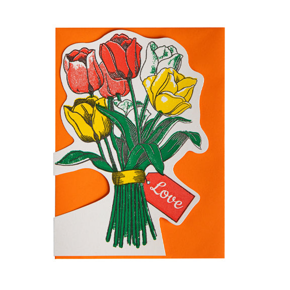 Postkort Tulipan Utklippet - By The Archivist Gallery med fargerike tulipaner på oransje bakgrunn