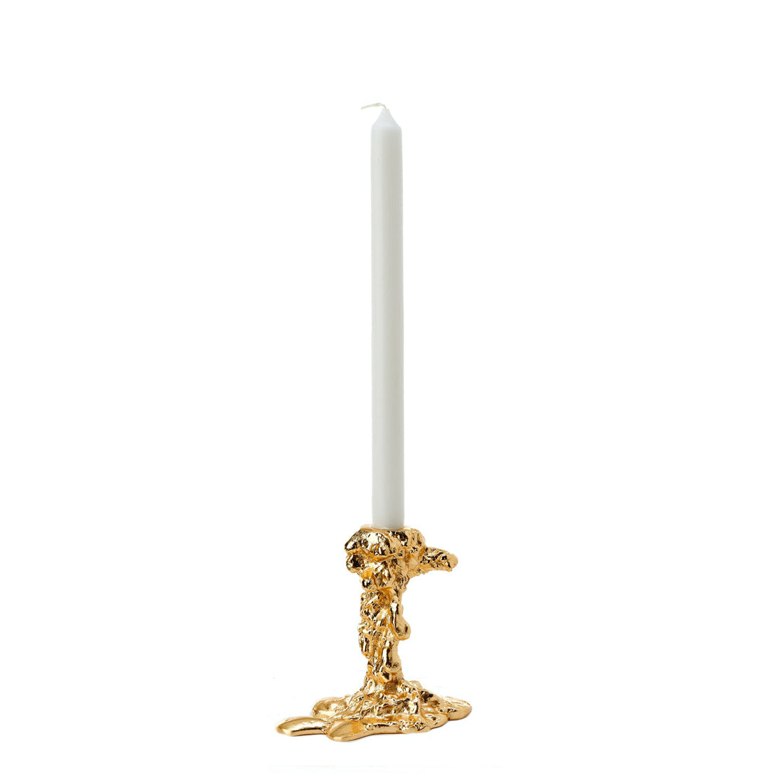 Drip lysestake i fra Pols Potten. Den deformerte lysestaken i gull, som ser ut som renendes stearin.