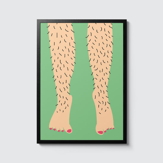 Grønn plakat med naivistisk illustrasjon av hårete bein, pyntet med neglelakk. Formatet er A3, passer i standard ramme. Trykket på 250 g/m² papir, offset, i begrenset opplag på 100, signer og nummerert.